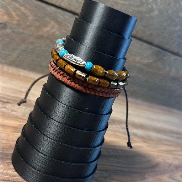 Brown Silver & Turquoise Beaded & Braided Bracelet Set of 3 - Picture 5 of 6
